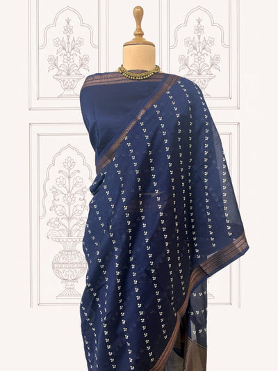 Nida Navy Blue Printed Cotton Saree