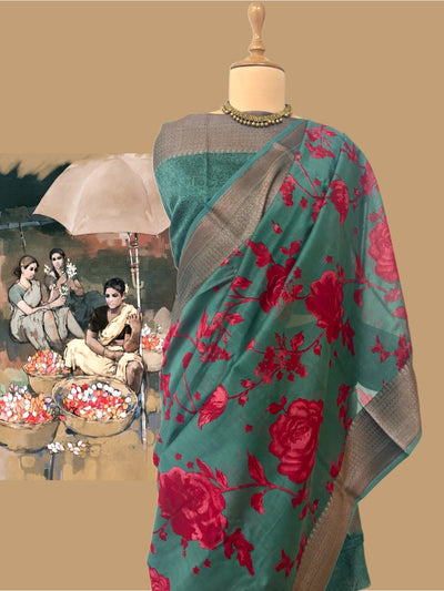 Caspian Sea Green Printed Cotton Saree