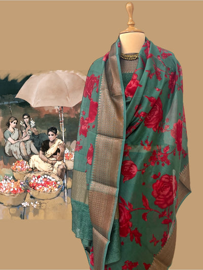 Caspian Sea Green Printed Cotton Saree