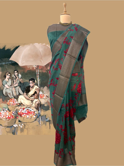 Caspian Sea Green Printed Cotton Saree