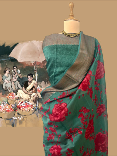 Caspian Sea Green Printed Cotton Saree