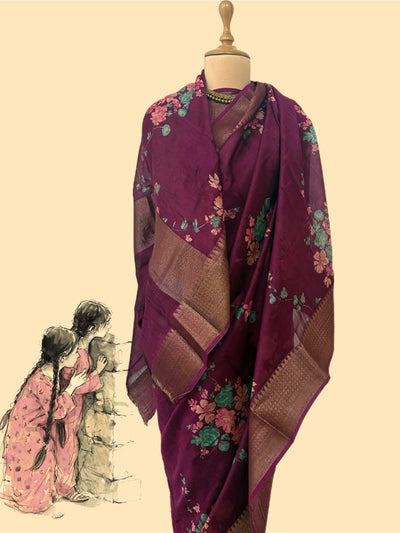 Merlot Wine Printed Cotton Saree