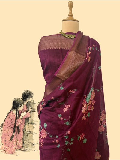Merlot Wine Printed Cotton Saree