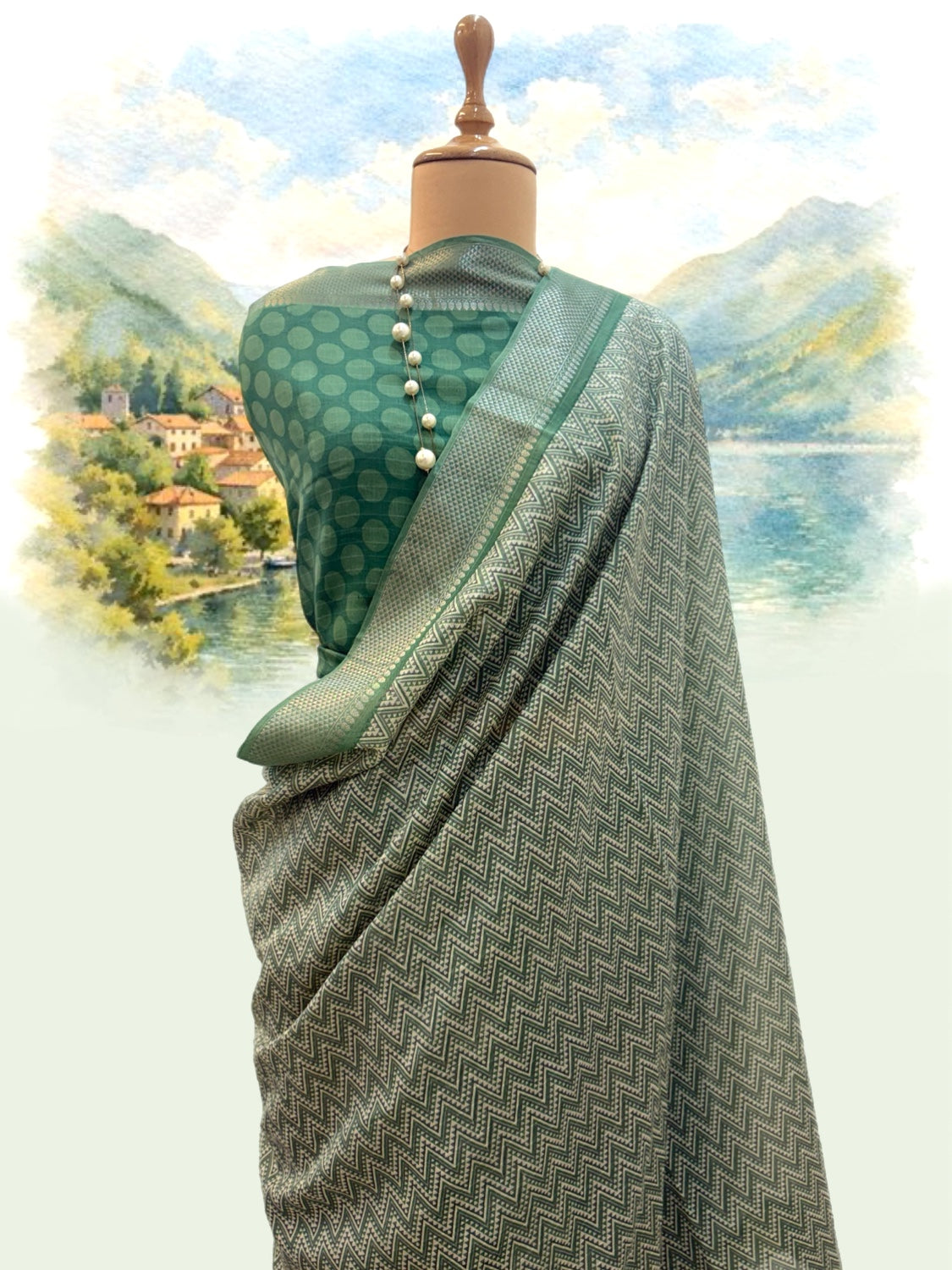 Lake Como Green Printed Cotton Saree