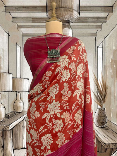 Valencia Orange Printed Cotton Saree