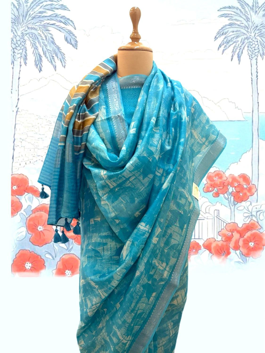 Florida Turquoise Printed Cotton Saree