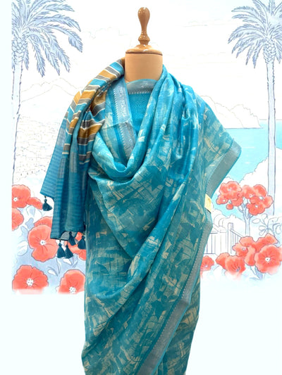 Florida Turquoise Printed Cotton Saree