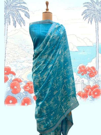 Florida Turquoise Printed Cotton Saree