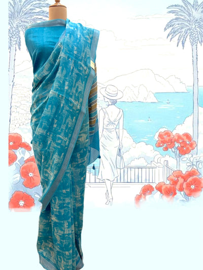 Florida Turquoise Printed Cotton Saree