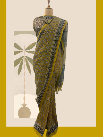 Isha Yellow Cotton Bagru Saree