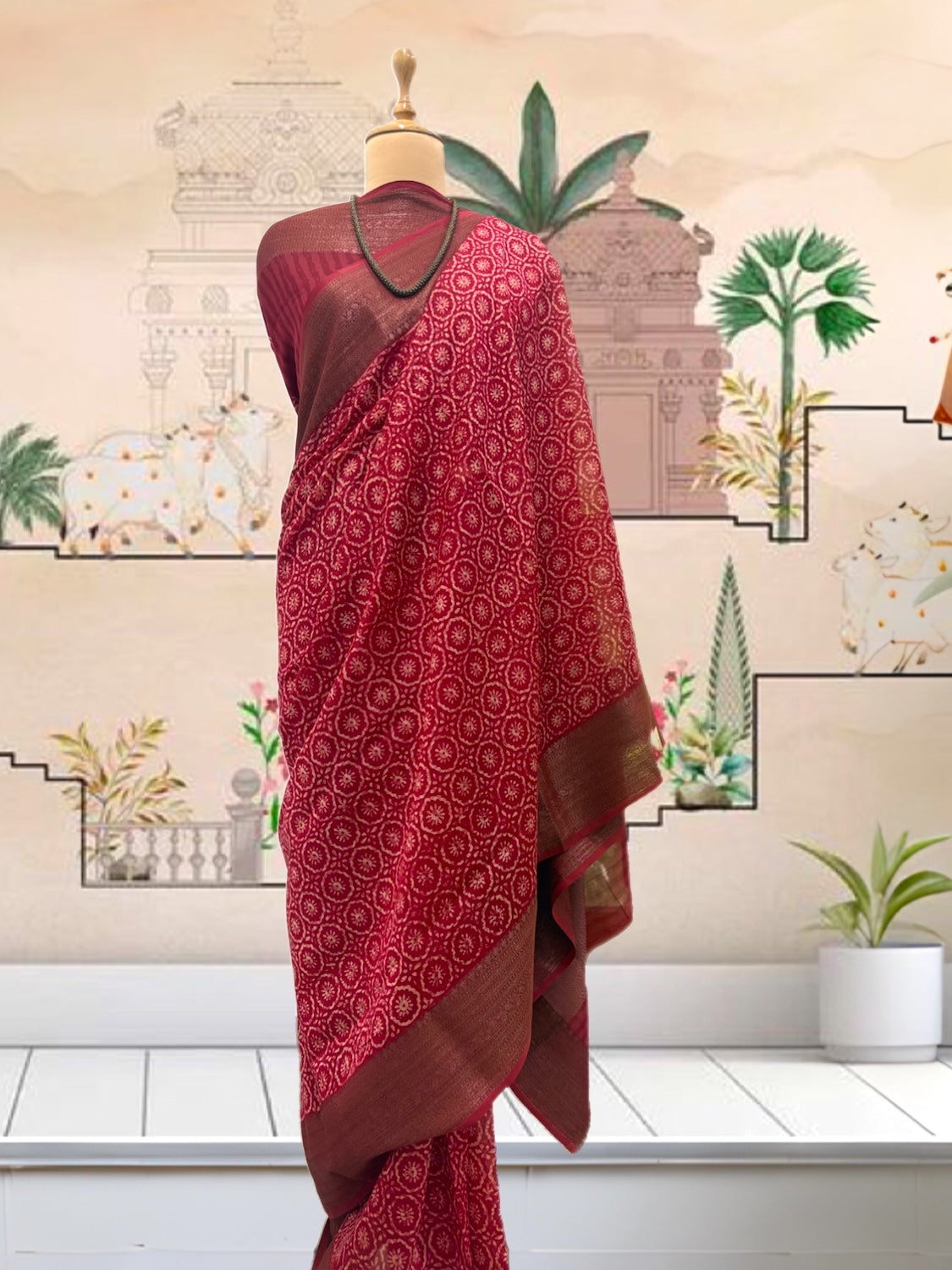 Sindura Red Printed Cotton Saree