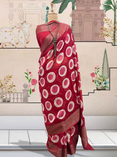 Naad Bindu Red Printed Cotton Saree