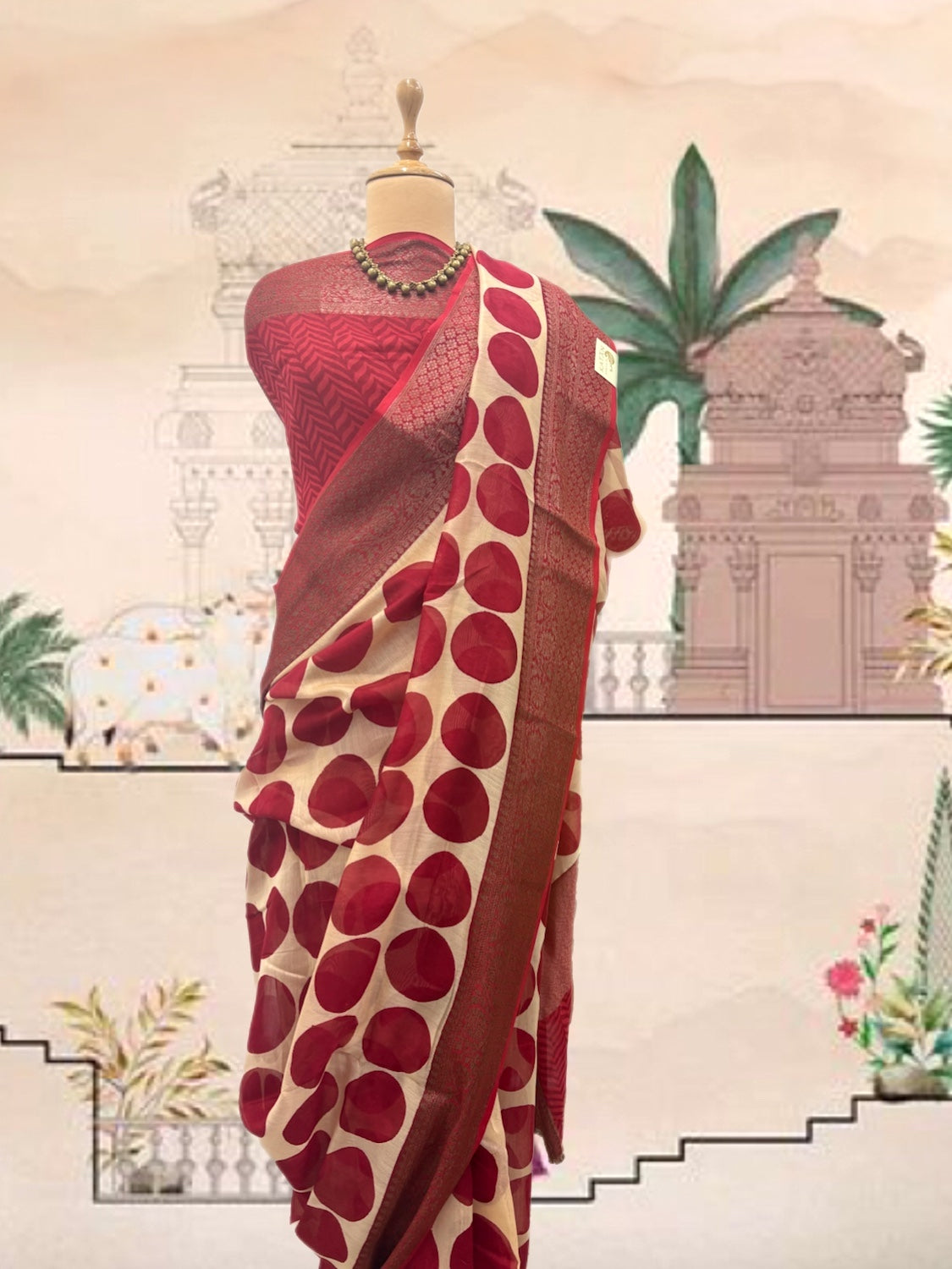 Naad Bindu Red Printed Cotton Saree