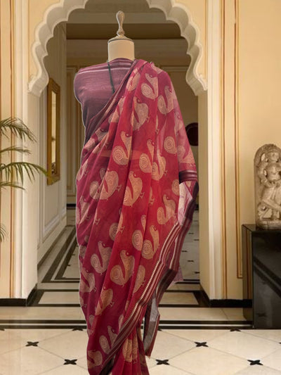 Nemali Red Printed Cotton Saree