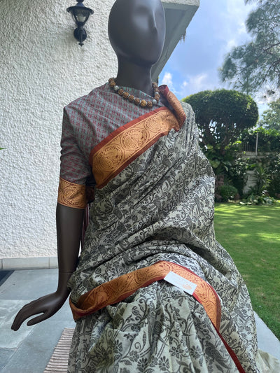 Grey Green Shikargah Cotton Saree