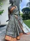 Khaki Green Shikar Cotton Saree