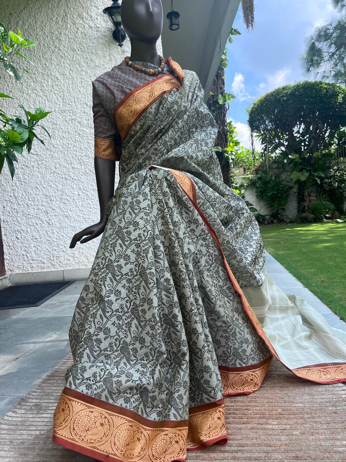 Grey Green Shikargah Cotton Saree