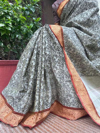 Grey Green Shikargah Cotton Saree