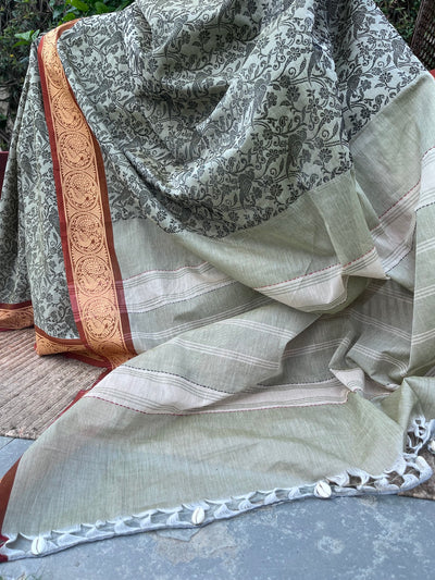 Grey Green Shikargah Cotton Saree