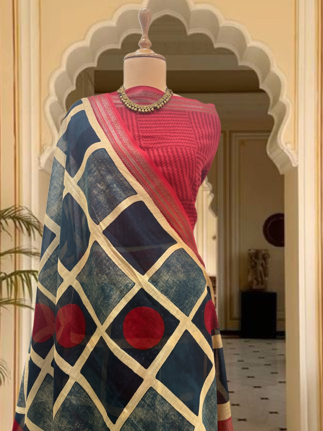 Khurja Teal Blue Boxes Printed Cotton Saree