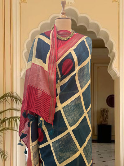 Khurja Teal Blue Boxes Printed Cotton Saree