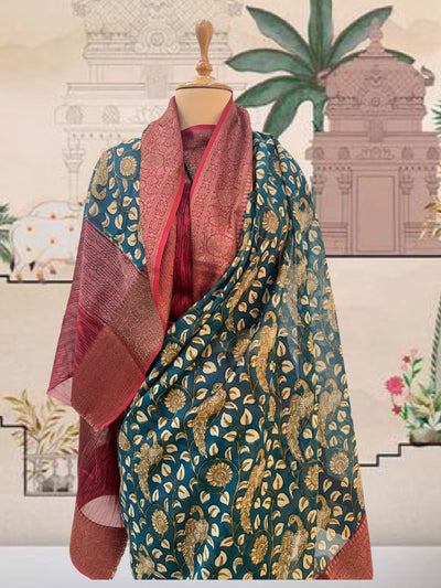 Mayurbhanj Blue & Red Printed Cotton Saree