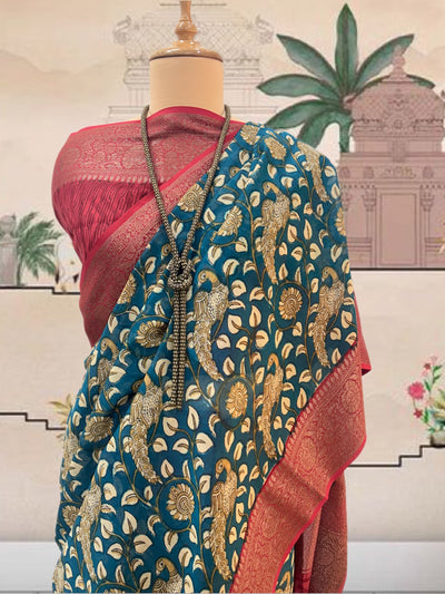Mayurbhanj Blue & Red Printed Cotton Saree