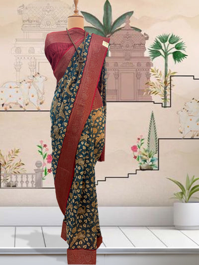 Mayurbhanj Blue & Red Printed Cotton Saree