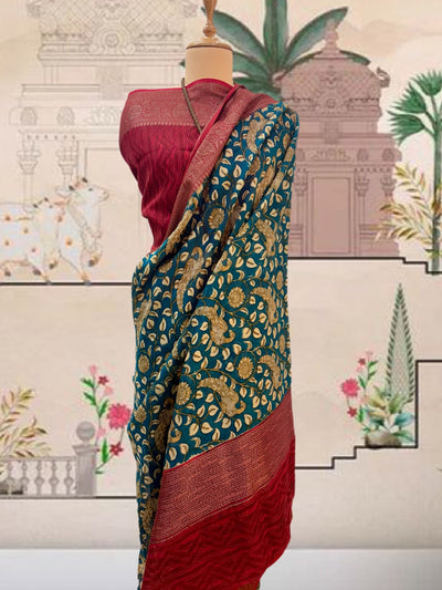 Mayurbhanj Blue & Red Printed Cotton Saree