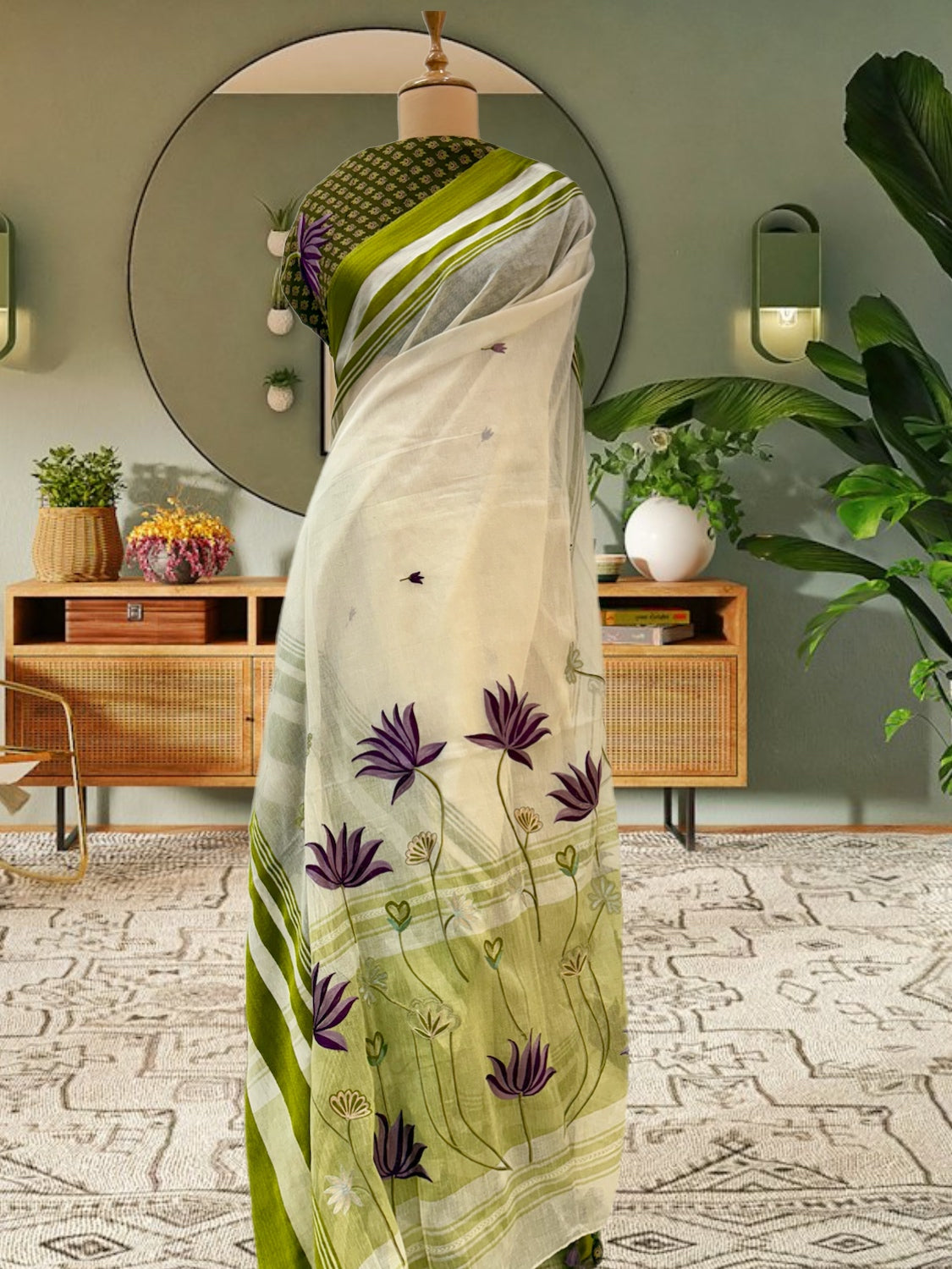 Baganvilas White Embroidered Cotton Saree