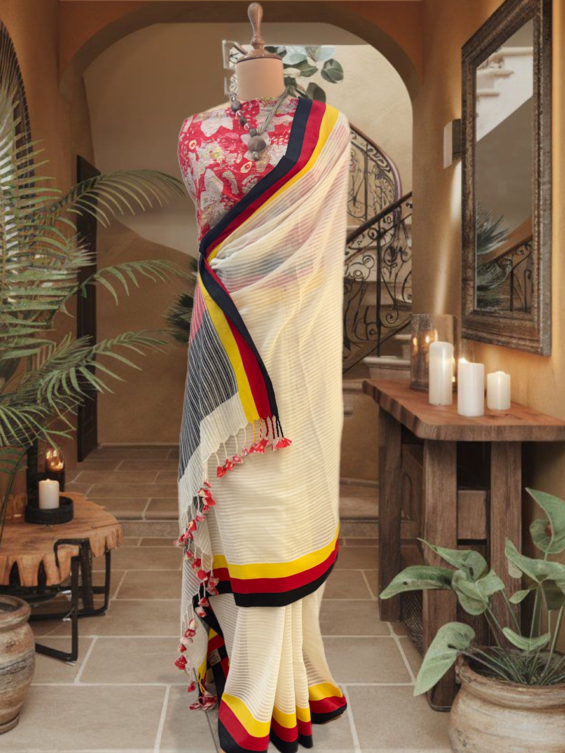 East India White & Red Cotton Saree