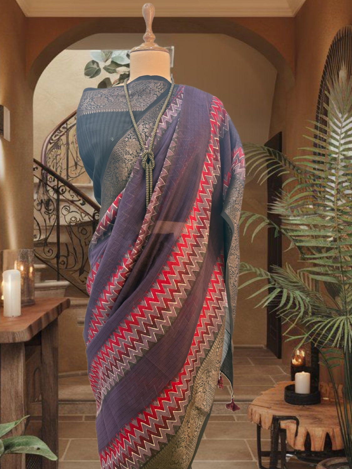 Mahnaz Burgundy & Grey Printed Cotton Saree