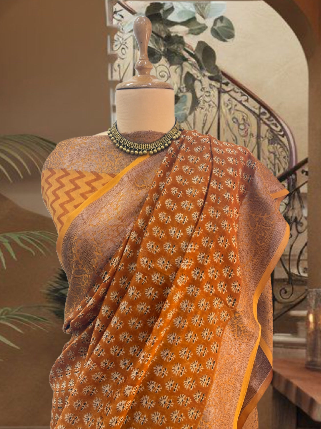 Ghoomar Mustard Printed Cotton Saree