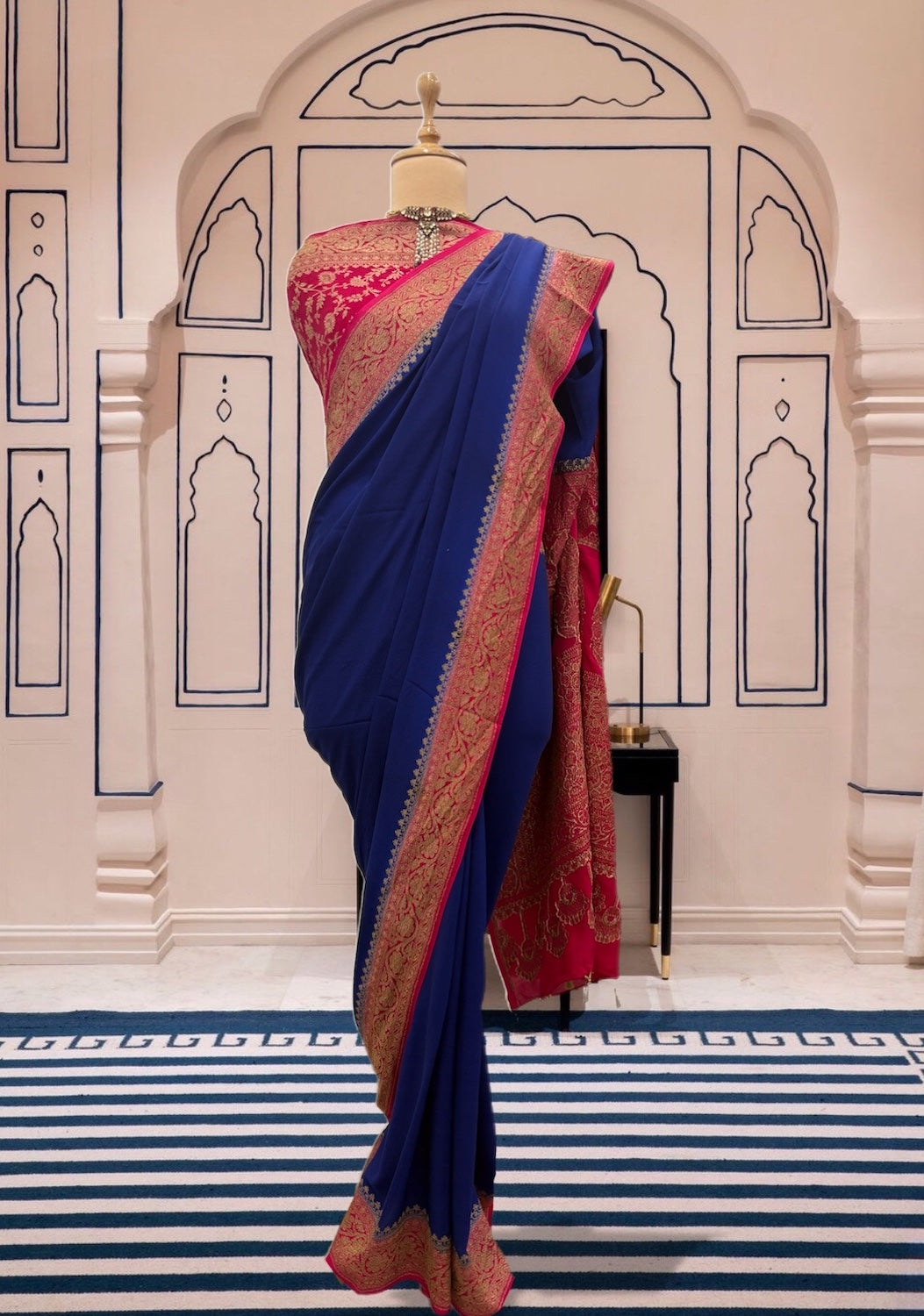 Vijayanagram Blue and Ruby Crepe Silk Saree