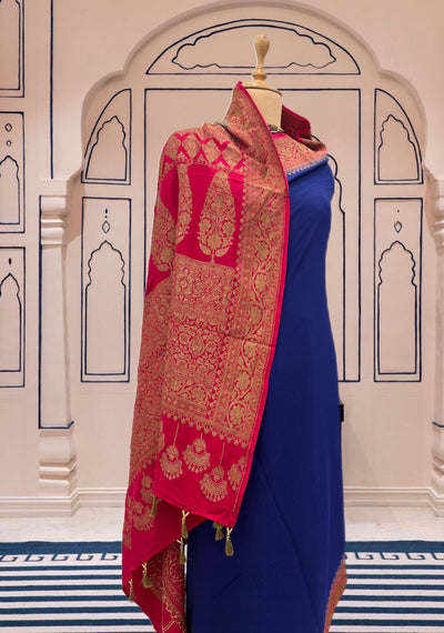 Vijayanagram Blue and Ruby Crepe Silk Saree