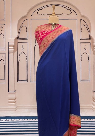 Vijayanagram Blue and Ruby Crepe Silk Saree
