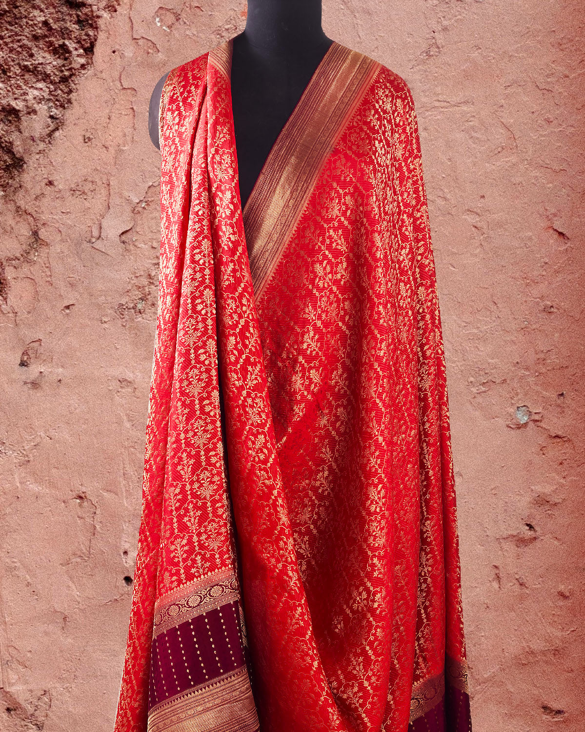 Red & Wine Kanchi Crepe silk Saree
