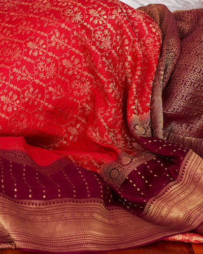 Red & Wine Crepe silk Saree