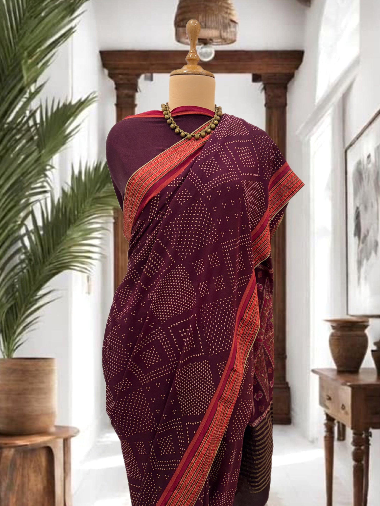 Dholavira burgundy Crepe Silk Sari
