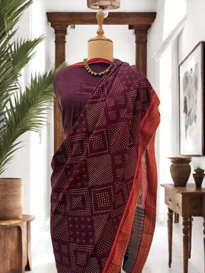 Dholavira burgundy Crepe Silk Sari