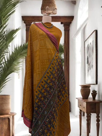Santhal Mustard Crepe Silk Sari
