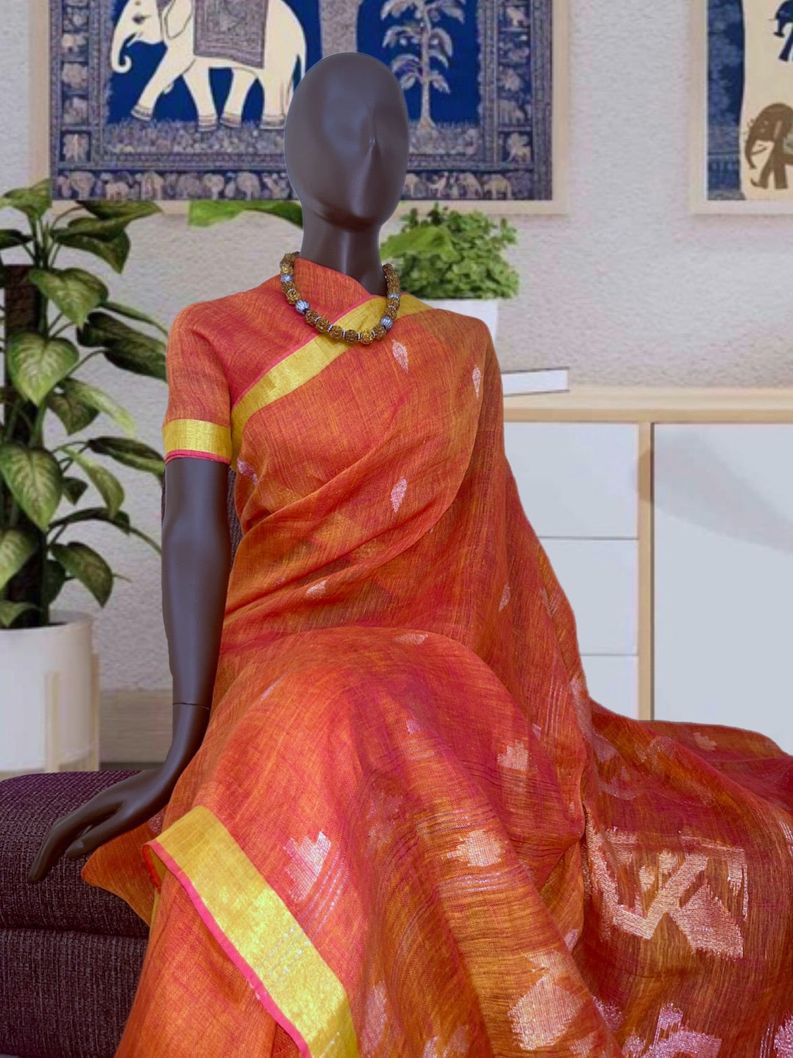Nayantara Cross Colour Orange Linen Saree