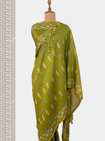 Dol Ka Bagh Green Cotton Dabu Batik Saree