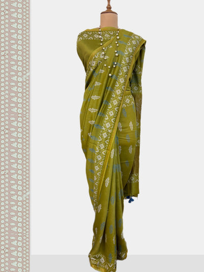 Dol Ka Bagh Green Cotton Dabu Batik Saree