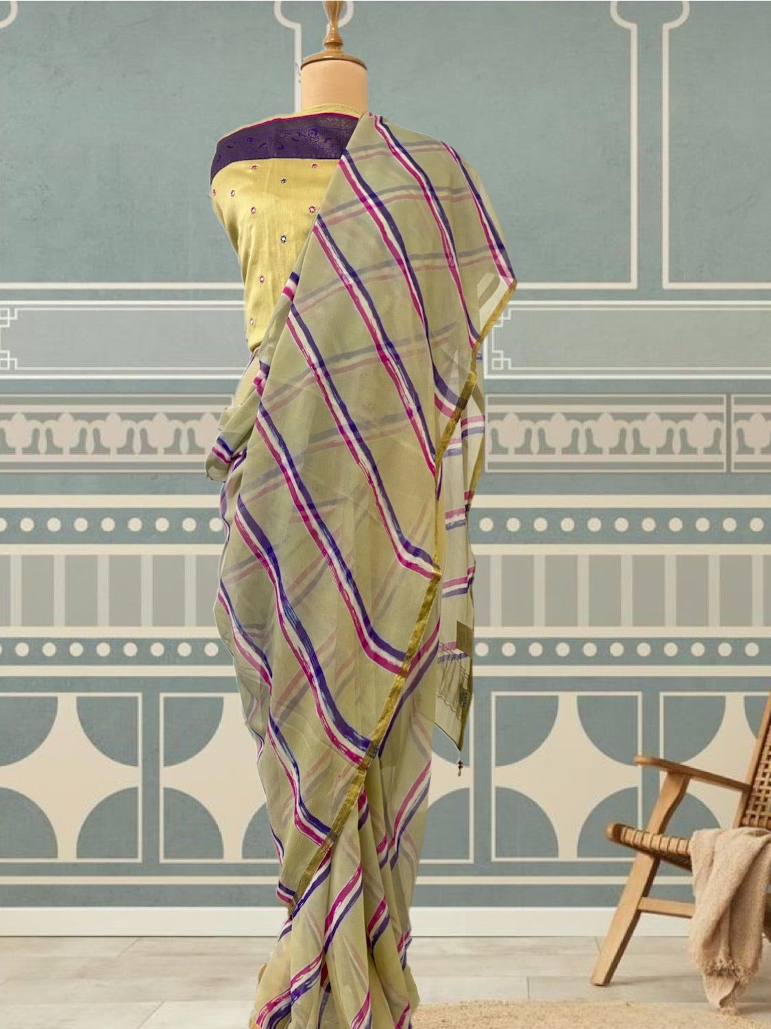 Sonar Quila Ecru Lehariya Chiffon Sari