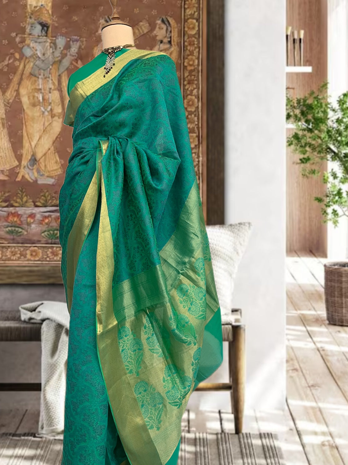 Rama Green Cotton Silk Tanchoi Saree