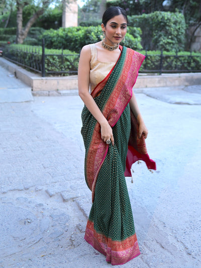Kakatiya Green and Red Crepe Silk Saree
