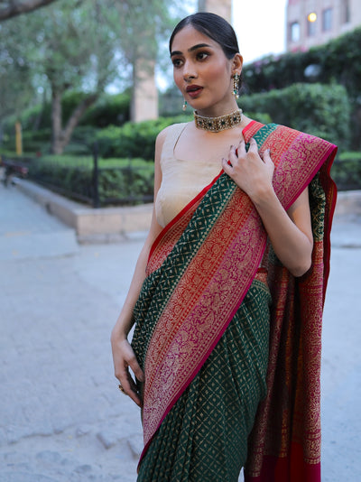 Kakatiya Green and Red Crepe Silk Saree