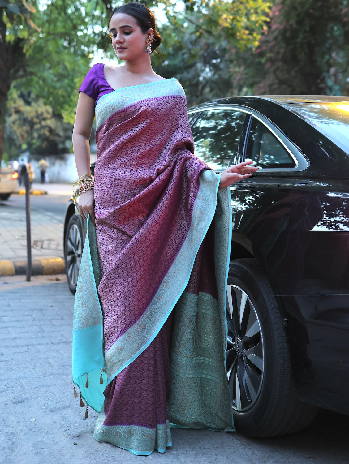 Kalyani Purple Chinon Crepe Silk Saree