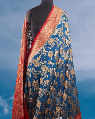 Love Birds Teal Blue Khaddi Georgette Sari